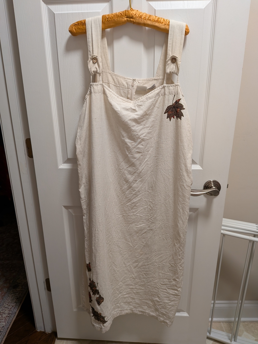 Two Twenty Vintage Y2K Cream Pinafore Dress with Leaf Embroidery Cotton Linen XL